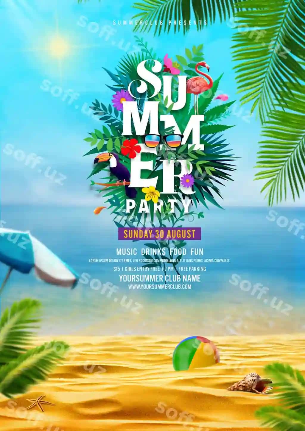 Poster sochliq musobiy bilan sochliq to'p palmachayonlar | Poster beach party with beach ball palm trees