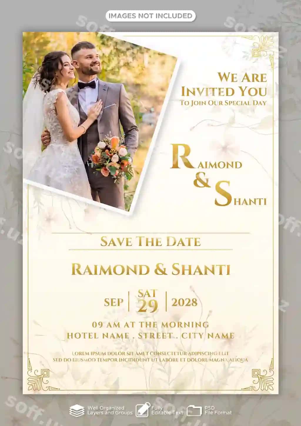 Turerga taklifnoma dizayn shabloni – oddiy nafis oltin uslubidagi | Wedding invitation design template with simple elegant gold style