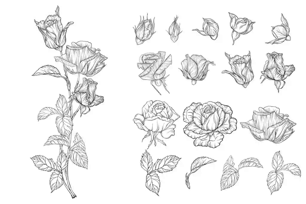 Vektor to'plami roza gullari bilan gul kompositsiyalari | Vector set flower compositions with rose flowers