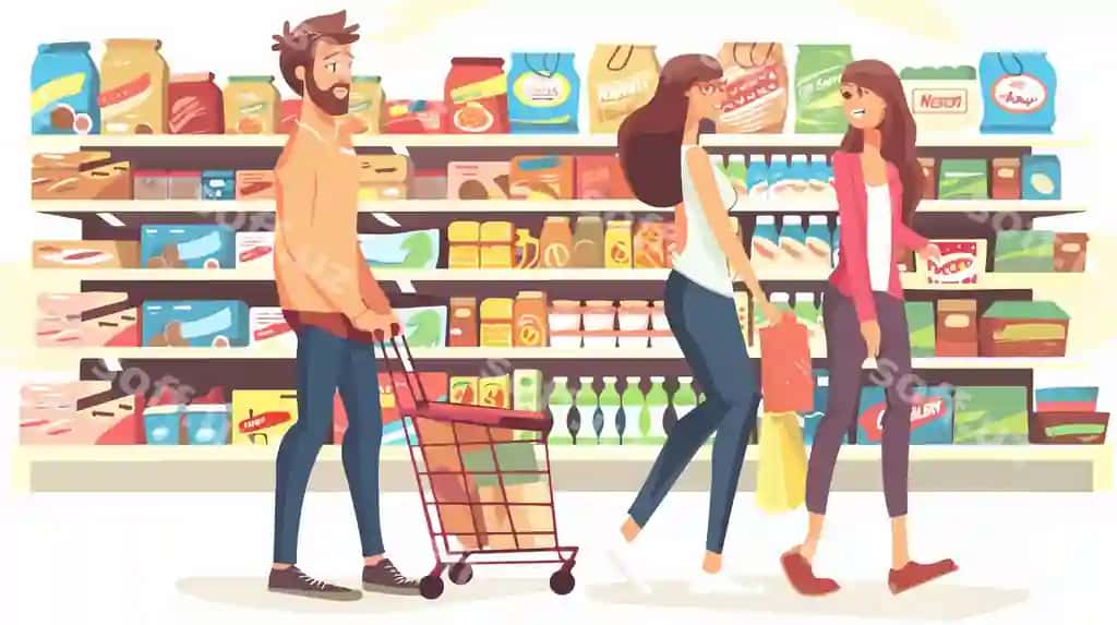 Baxtli juftlik supermarketda birgalikda xarid qilish. | Happy couple shopping together supermarket