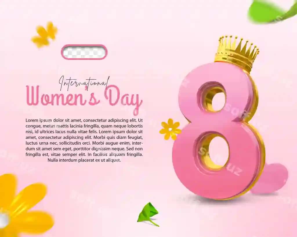 Pushti poster Ayollar kuni gullar bilan oltin safa | Pink poster women s day with flowers gold crown