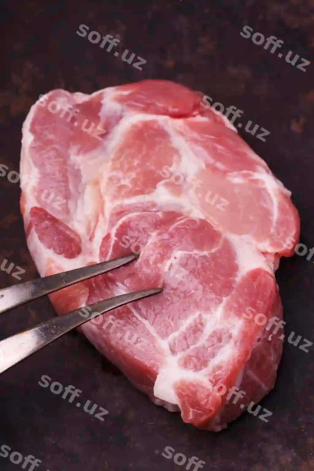 Ham gahvora steyk bo'g'atak qorong'u fond | Raw pork steak neck dark background