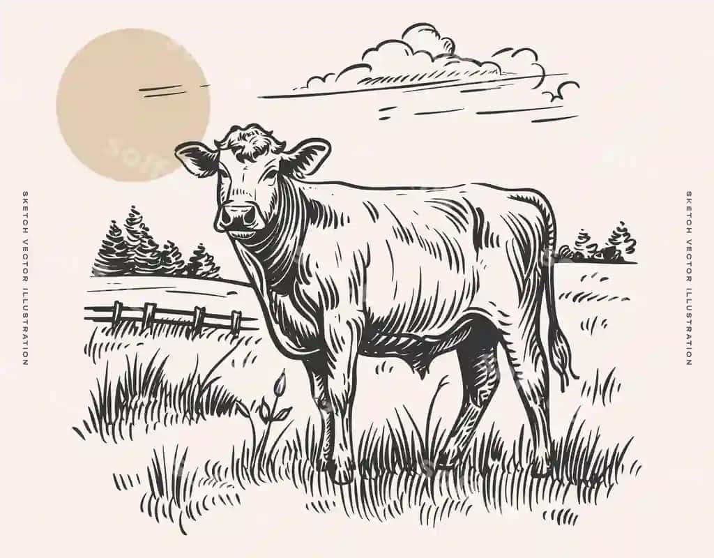 Moo maydon chizmasi illustratsiyasi | Cow field sketch illustration