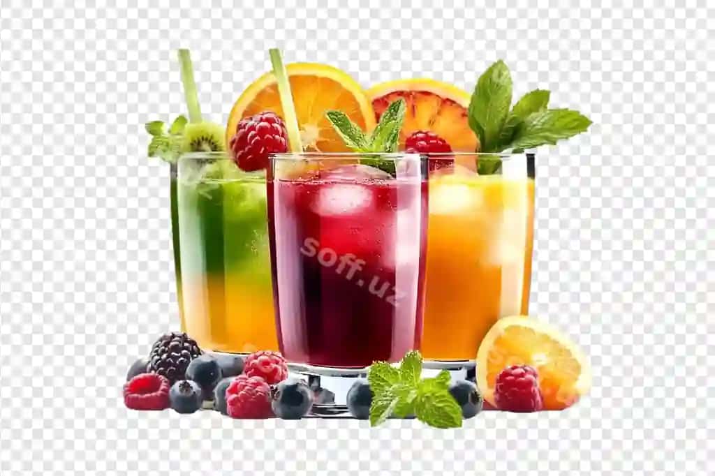 Sovuq meva suvlari taze boringlar bilan shaffof orqa fonda | Refreshing fruit juices with fresh berries transparent background