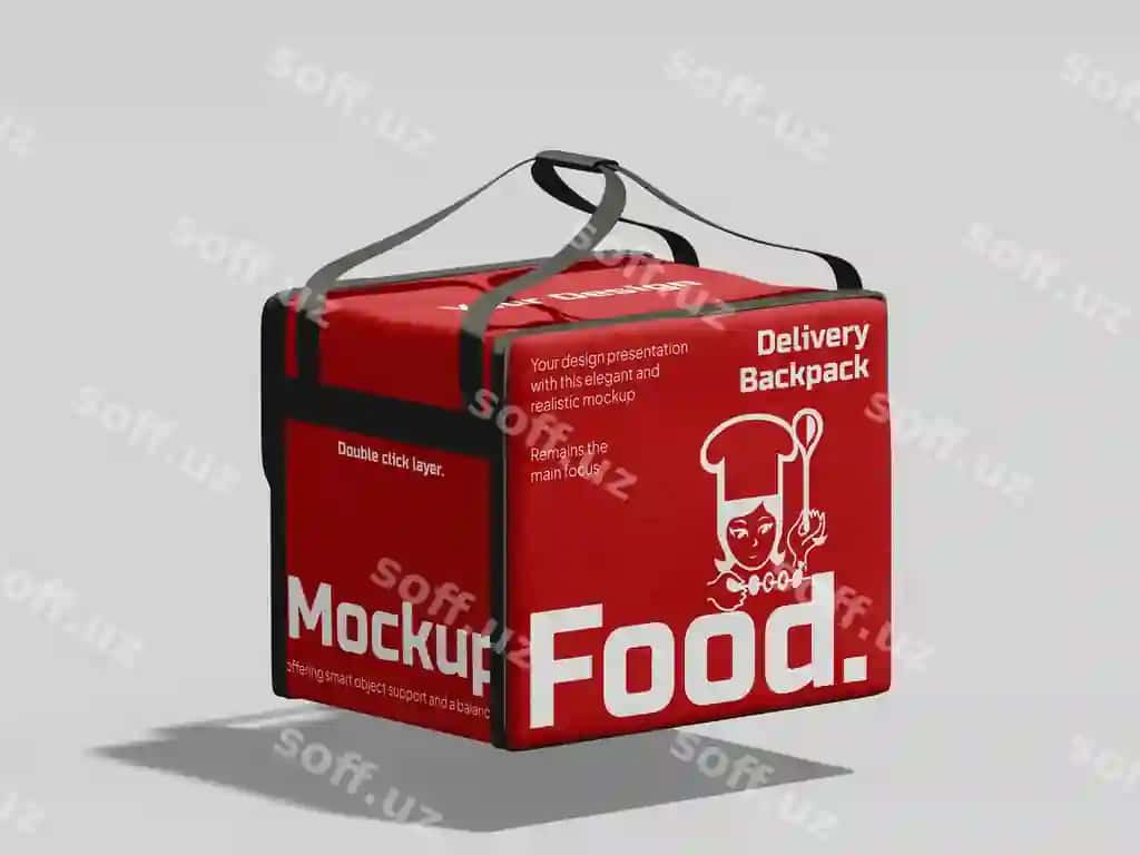 Qizil izolyatsiyalangan ovqat yetkazib berish uchun so'mka mockup | Red insulated food delivery backpack mockup