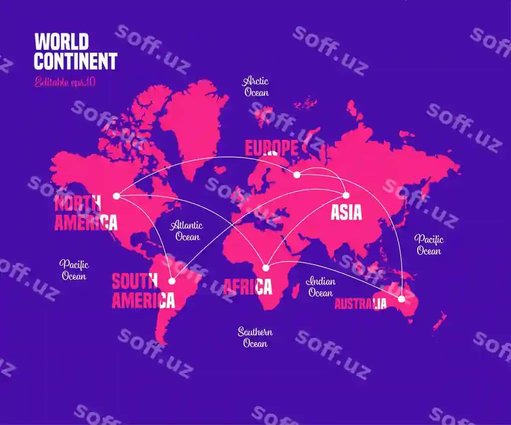 Dunyo xaritasi qit'alar ro'yxati okeyon nomi bilan | World map continent list with ocean name