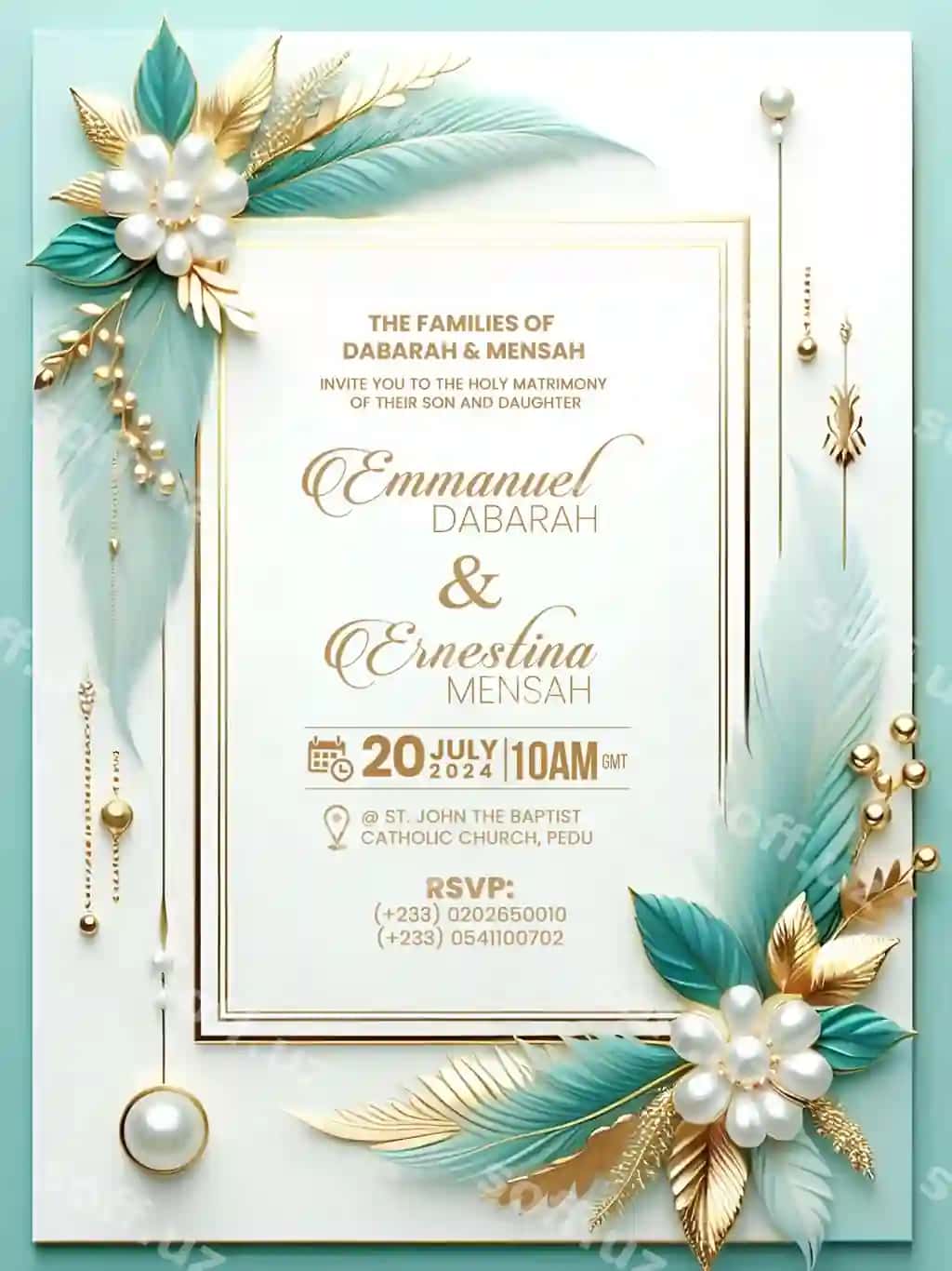 Boyqoq oltin, firuza, aqua ko'k gulli turmali taklifnoma dizayni | Luxurious gold turquoise aqua blue floral wedding invitation design