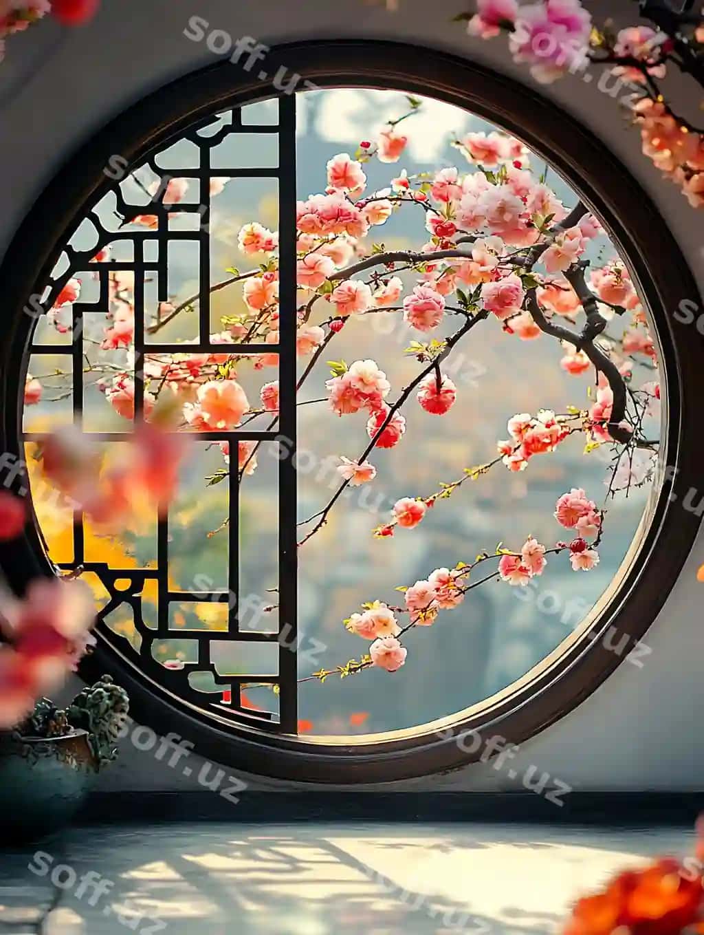 Arafed ko'rinish oynasi doira oyna freymi gullari | Arafed view window with circular window frame flowers