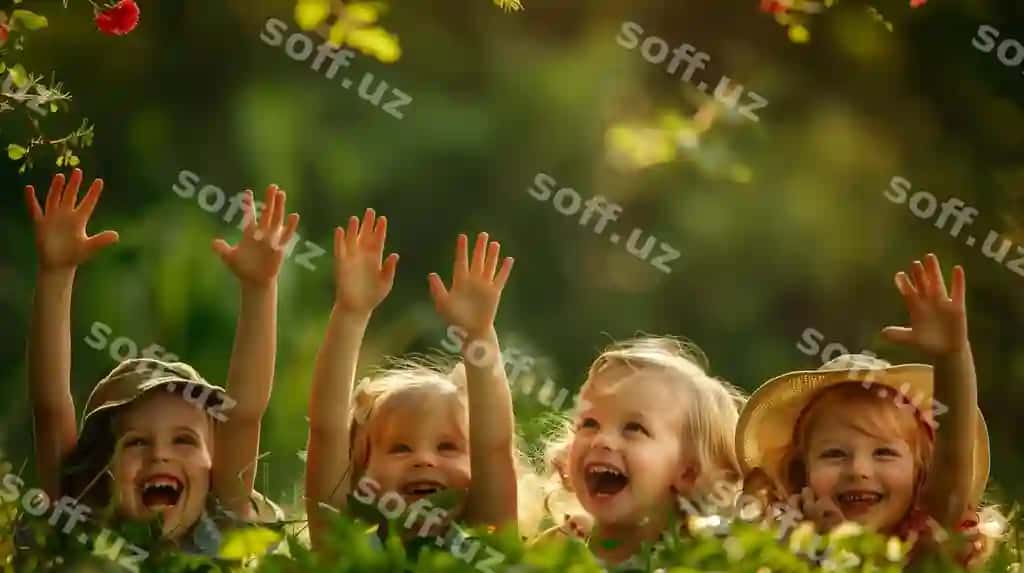 Baxtli bolalar cholva qo'llarini ko'targan holda | Happy children grass with their arms up