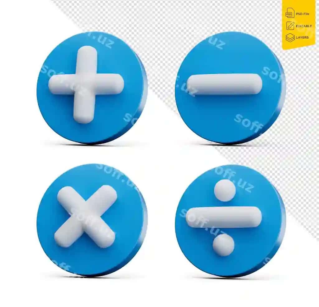 3D plus, minus, ko'paytirish, bo'lish belgilari ko'k tugmalar oq fonda | 3d plus minus multiply divide signs with blue buttons white background