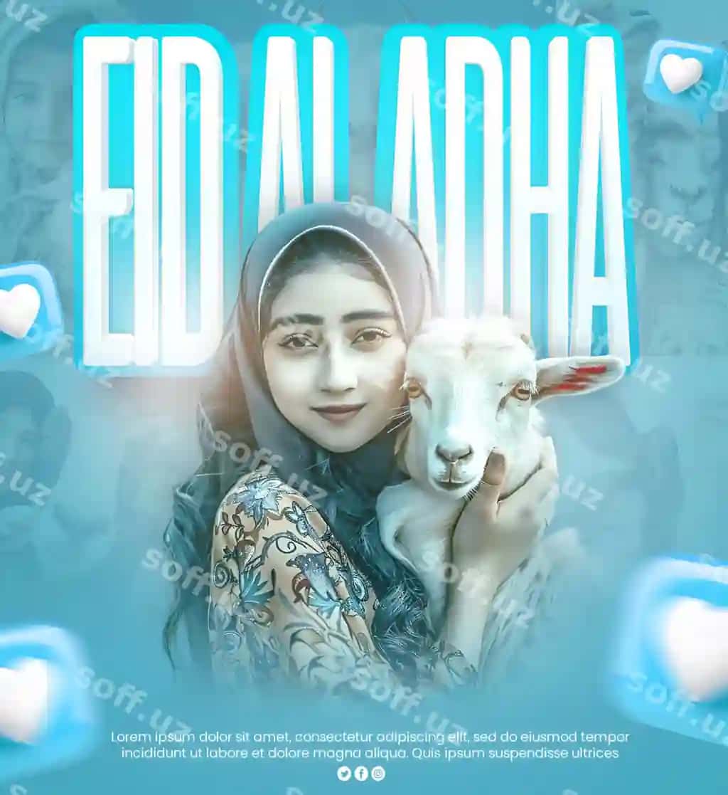 Psd Qurbon hayiti uchun yorqin plakat shablon dizayni qiz qo'y bilan | Psd eid al adha glowing poster template design girl with sheep eid