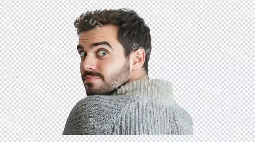 Yosh erkak kulrangkiylangli, qo'lga qarayotgan, hayron bo'lgan. | Young man with gray sweater looking his shoulder with surprised