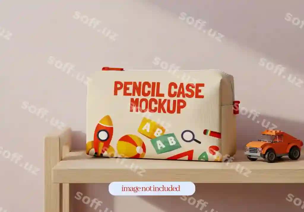 Jigarrang qalamdaftar mockup boyicha rangli o'yinchoq dizaymlari miniyatura o'yinchoq | Beige pencil case mockup with colorful toy designs miniature toy