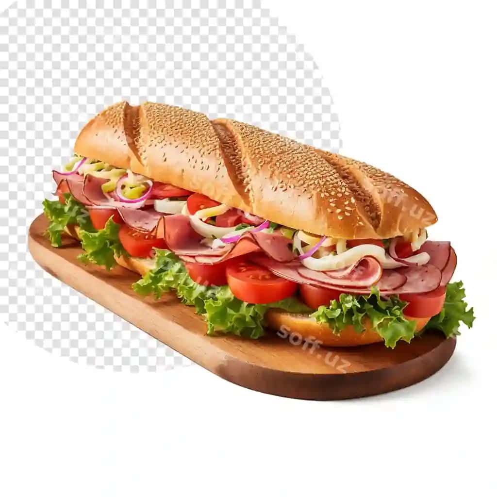 Ekstra katta submarina sendvich göbök pomidor piyoz bilan | Extra large submarine sandwich with ham tomato onion