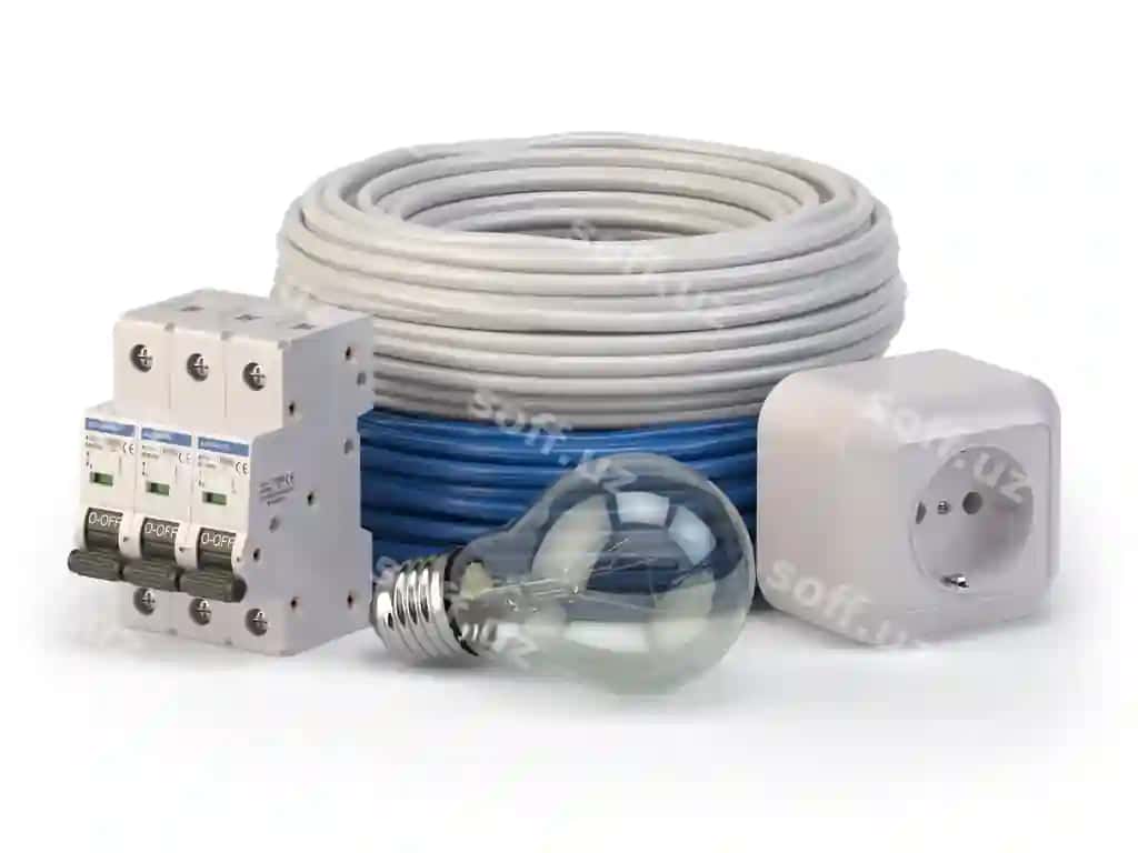 Elektrik kabel, lampochka, avtomat qozg'altir, rozetka ajraltirilgan oq fonda elektrik komponentlari asboblari | Electric cable laight bulb circuit breaker socket isolated white background electric components instruments