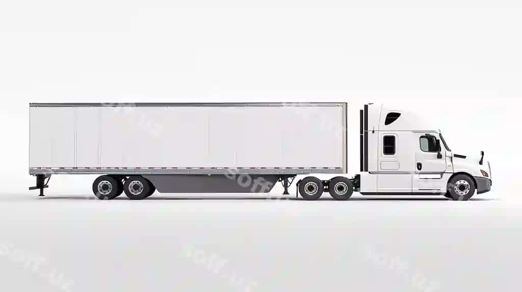 Oq yuk avtomobili trailer eshik ochiq | White semi truck with trailer door open