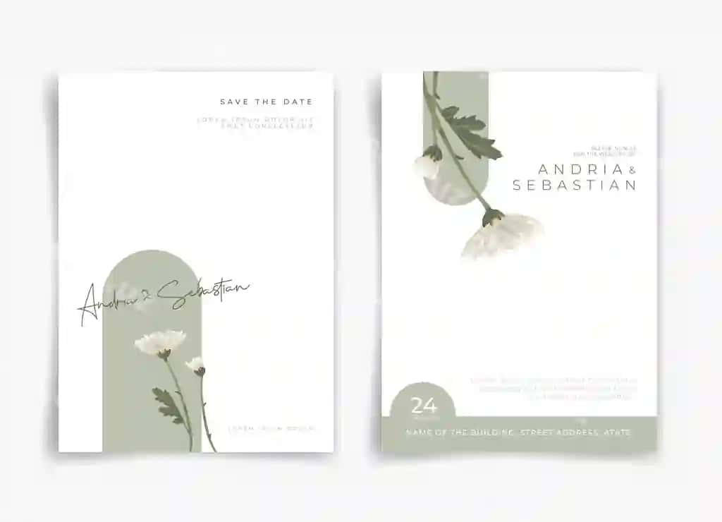 Oq yashil rangli tur taklifnoma kartasi oq gul yaproq bilan | White green wedding card invitation card with white flower leaf