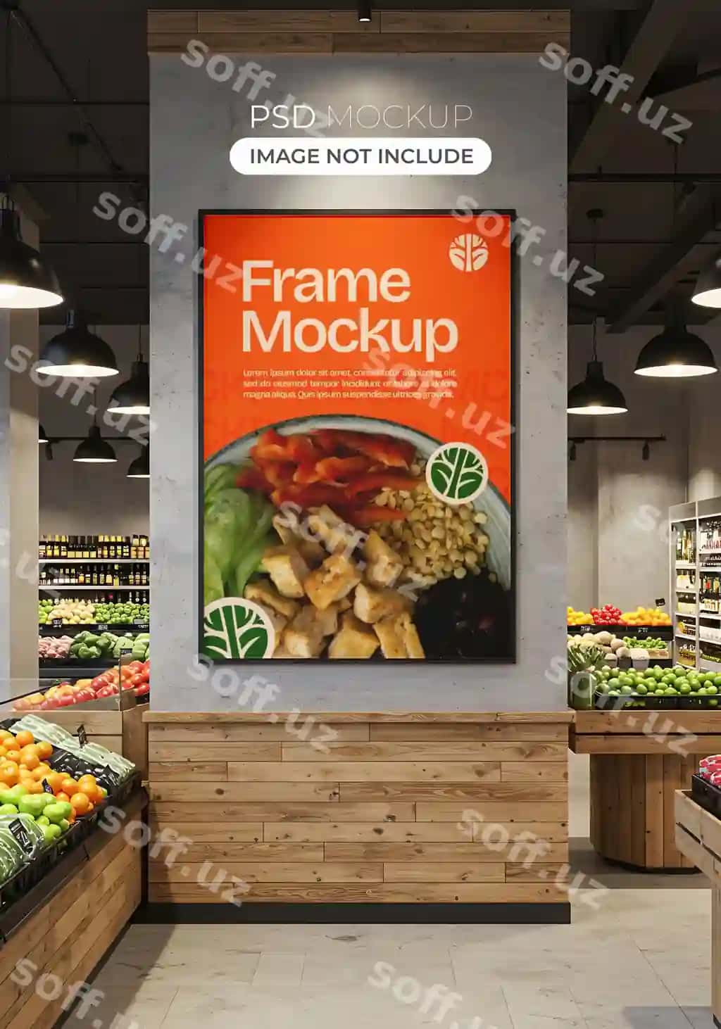 Bozorgohona do'kon ichki dizayn namunasi sog'lom ovqat poyezri joylashgan | Grocery store interior design mockup with healthy food poster displayed