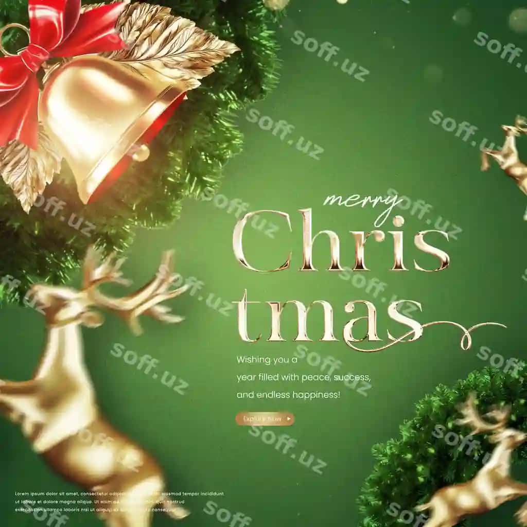 Elegant Baxromiy Nevarazgi tabrigi oltin chonglar va buzoq bilan | Elegant merry christmas greeting with golden bells reindeer