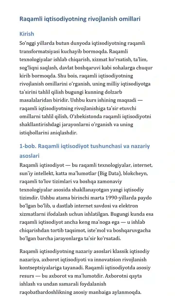 Mustaqil ish referat raqamli iqtisodiyotning rivojlanish omillari tushunchasi va nazariy asoslari