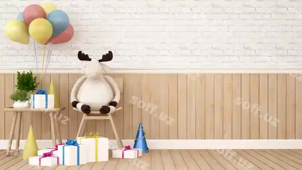 Baqa qurba stul hadiy sharq bilan bolajon xona 3D render | Reindeer doll chair with gift balloon kid room 3d rendering