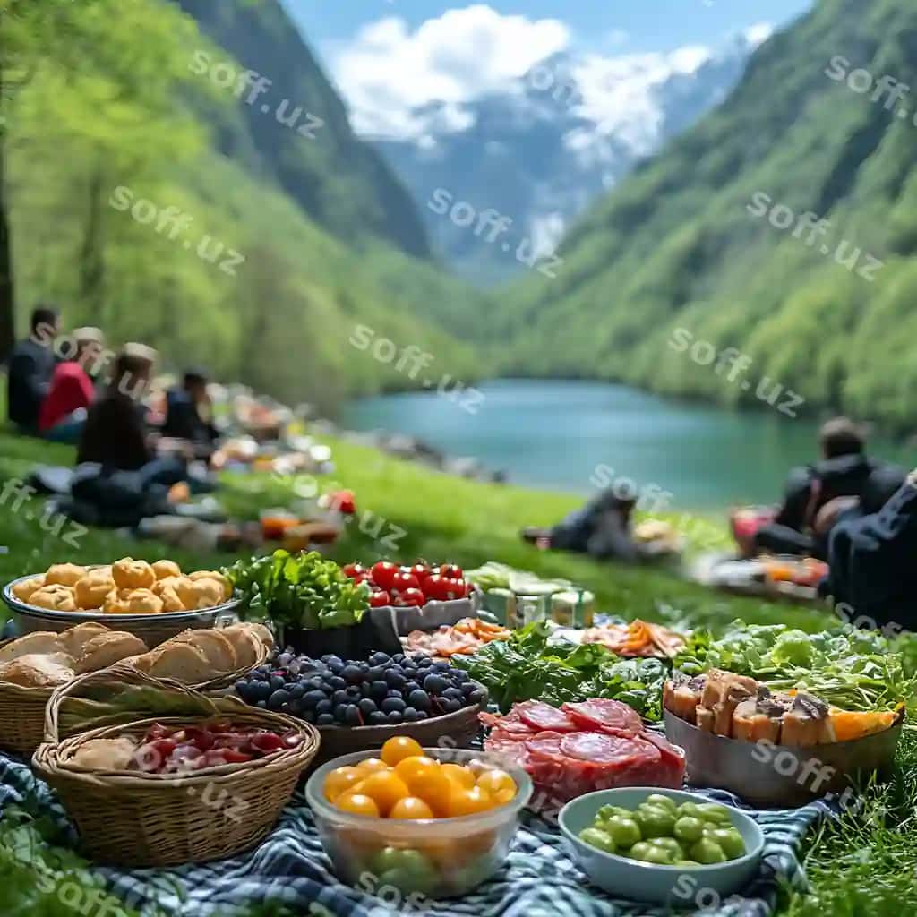 Manzarali ko'l piknik ko'plab ovqat taze mahsulotlar to'g'ri ko'rinish | Scenic lake picnic abundant food fresh produce mountain view