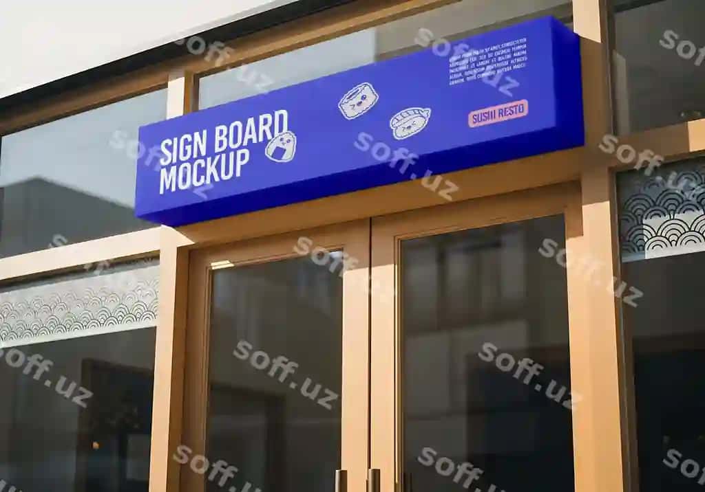 Ko'k belgi doskasi namunasi yog'och espan kirish | Blue sign board mockup wooden door entrance