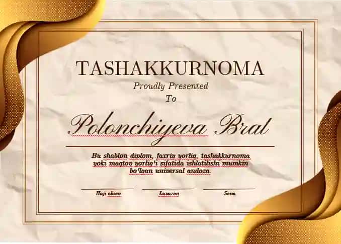 TASHAKKURNOMA shablon tayyori andoza