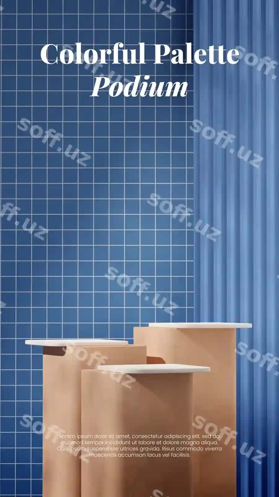 Bo'sh model oq jigarrang teksturali podium portret ko'k gurlovchi devor | Empty mockup white brown textured podium portrait blue tiled wall