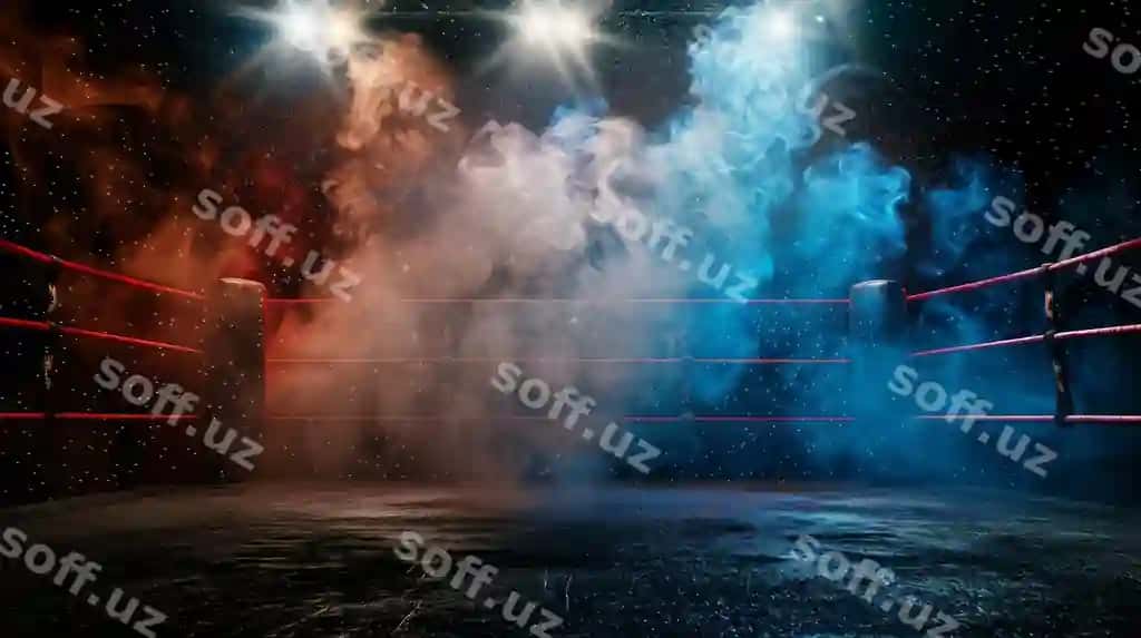 Qizil arqatlar bilan kamida yorqin boks maydoni aylanadigan bulutlar dymi oʻrab olingan, bu esa dramatik va kuchli atmosfera yaratadi. | Dimly lit boxing ring with red ropes is enveloped swirling clouds smoke creating dramatic intense atmosphere