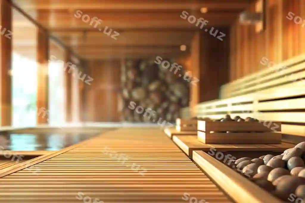 Quyoshli yog'ochli sauna xonasi toshlar hovuz bilan | Sunny wooden sauna room with stones pool