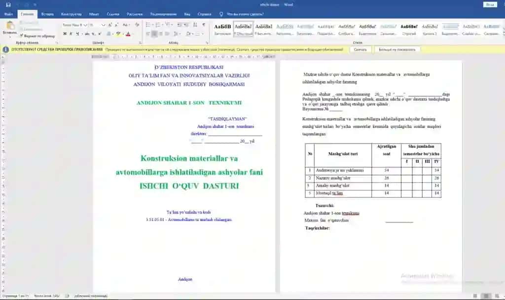 Konstruksion materiallar ishchi o'quv dasturi