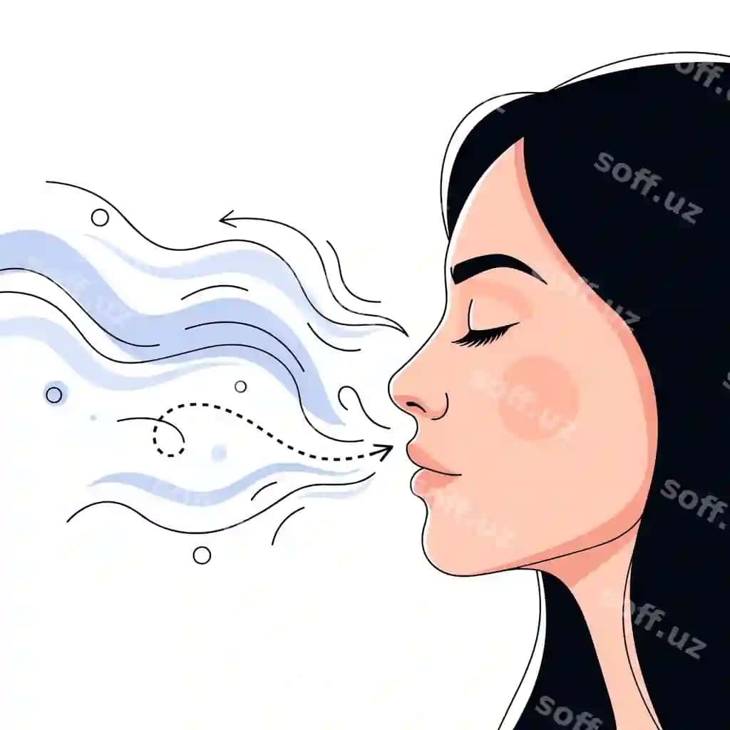Nafas olishda e'tibos ayol o'tkazib boriladigan nafas illustratsiyasi | Breathing mindfulness woman exhaling with flowing breath illustration