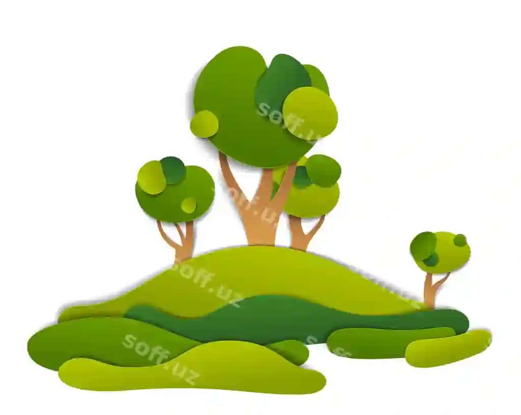 Manzarali landshtiv dalalar daraxtlar yoz maydonlar chollar vektor illustratsiyasi | Scenic landscape meadows trees summer fields grasslands vector illustration