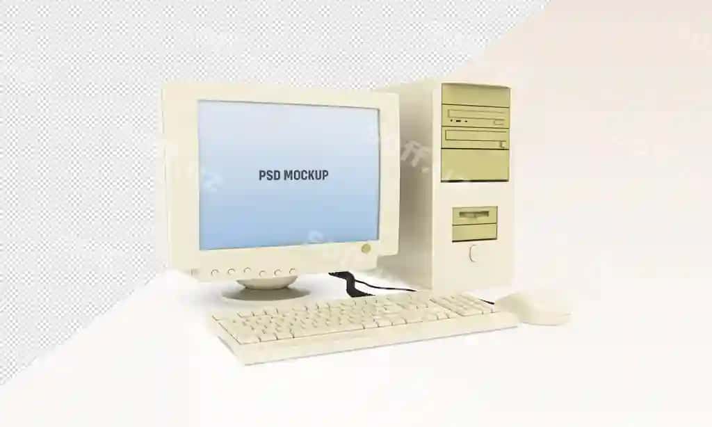 Eski vintage stol usti kompyuteri namunasi klaviaturasi va sichqonchasi bilan eski uslubdagi | Old vintage desktop computer mockup with keyboard mouse old fashioned