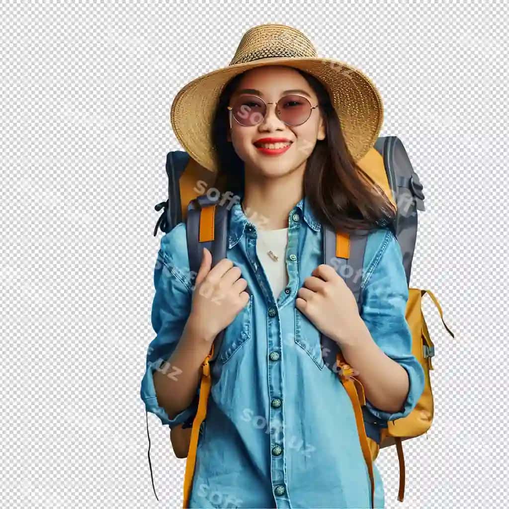 Ayol sumka bilan bosh kiyimni kiyoyotganini aytgan bosh kiyim. | Woman with backpack hat that says she is wearing hat