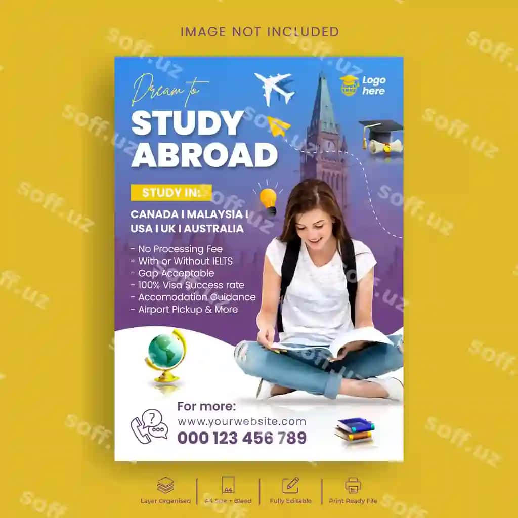 Chet ellarda o'quv chop etish flyer poster shablon dizayni | Study abroad print flyer poster template design