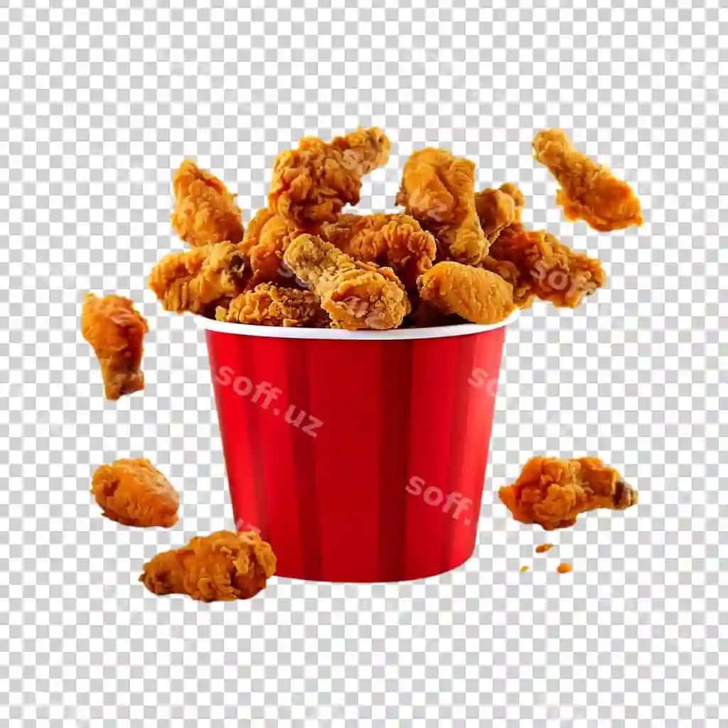 Qizil vedro achchiq qovurilgan tovuq shaffof orqa fonda | Red bucket spicy fried chicken transparent background