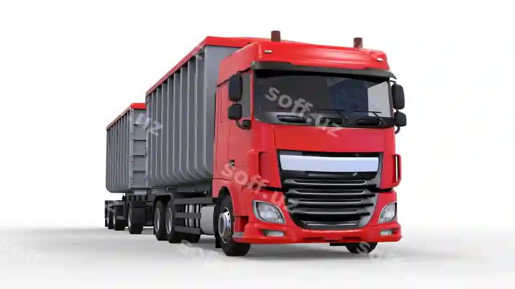 Katta qizil yuk avtomobili ajratilgan prinsipal bilan transport qishloq xo'jaligi binosi bulk materiallar mahsulotlari | Large red truck with separate trailer transportation agricultural building bulk materials products