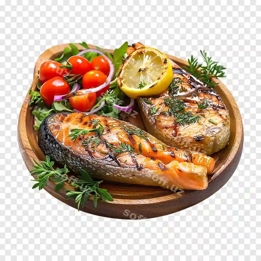 Qovurilgan lazmon steyki pomidorlar kesilgan salat limon rozmarin petrushka | Grilled salmon steak with tomatoes sliced salad lemon rosemary parsley