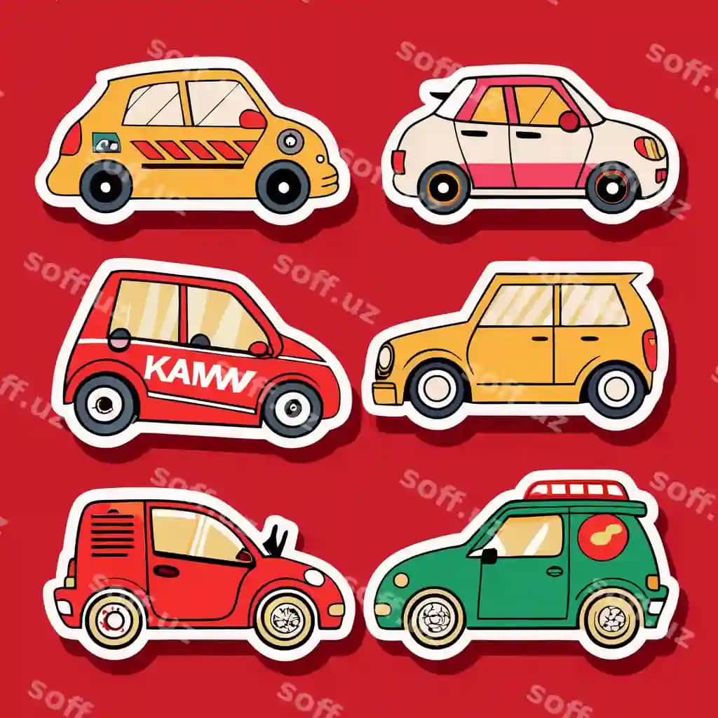 Olti karyakatur mashinalari, har biri farqi ranglarda va noyob detallar bilan. | Six cartoon cars different colors each with unique details like