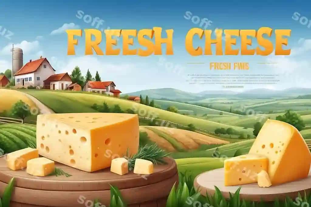 Haqiqiy pishloq reklamlari gorizontal posteri: yangi pishloq, yangi fermer sarlavhasi, qishlog' manzarasi | Realistic cheese ads horizontal poster fresh cheese fresh farm headline village landscape