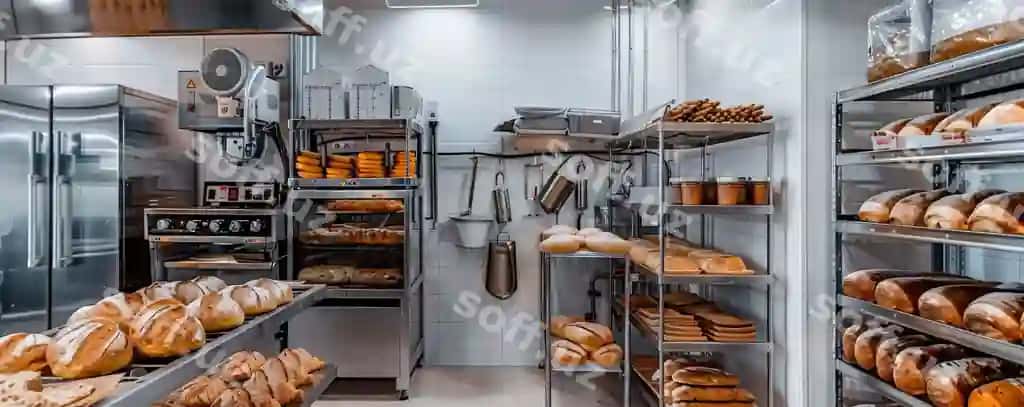 Non pishirish joyi foni zamonaviy sanoat do'koni ichki ko'rinishi stainless steeldan iborat | Bread bakery background with modern industrial bakery interior featuring stainless steel