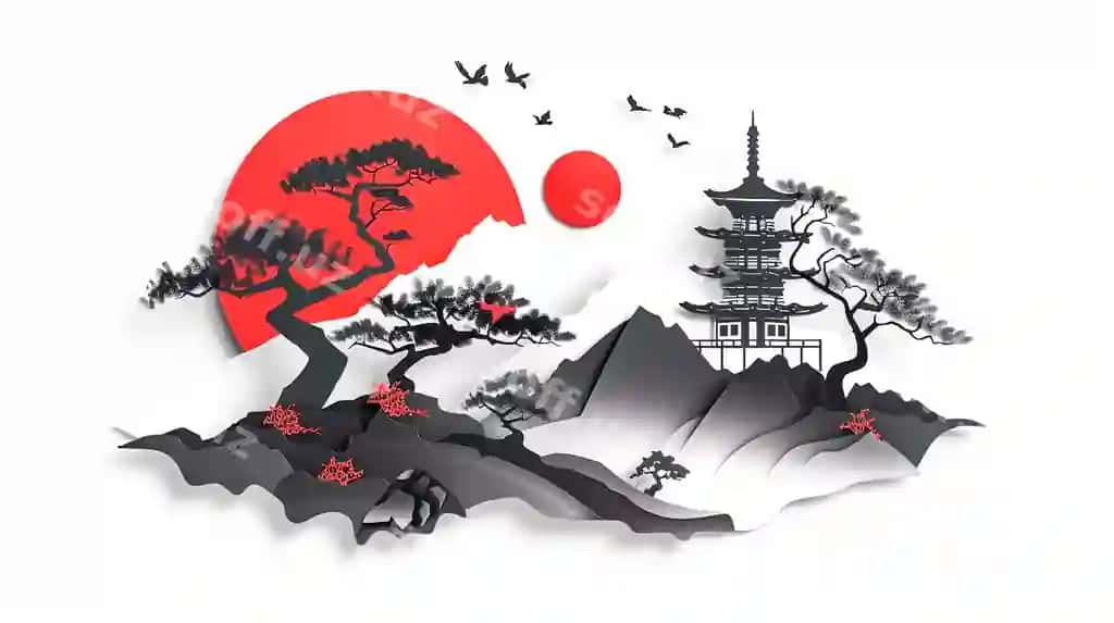 Sohib yapon uyi qizil daraxtlar atrofida to'pka manzargasi | Serene japanese house surrounded by red trees mountain view