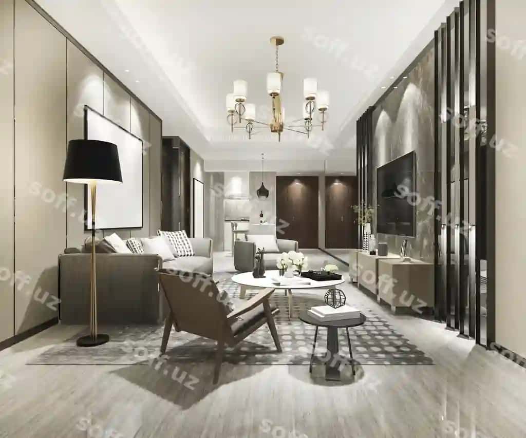 3d render lux markaziy zamonaviy mehmonxona bolda choyonma masa | 3d rendering luxury modern living room with sofa dining table