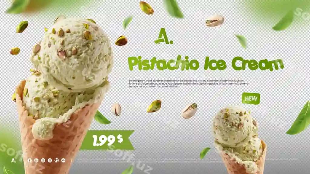 Shirin pistachio mrozhok qozoni boshqotma va yaproqlar atrofida | Delicious pistachio ice cream cone with nuts leaves surrounding