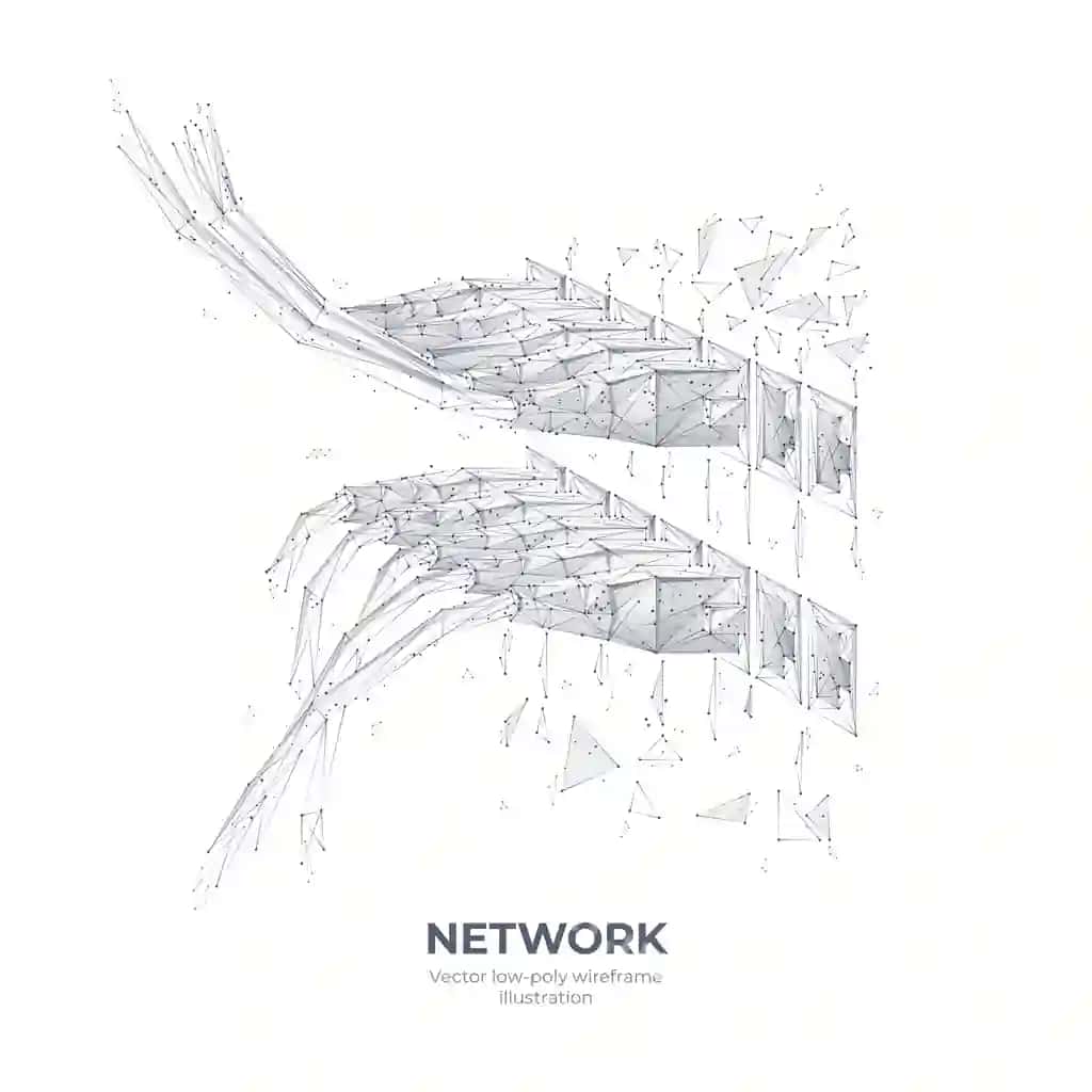 Ajraltirilgan tarmoq kablilari ulangan kommutator oq fonda low poly | Isolated network cables connected switch white background low poly
