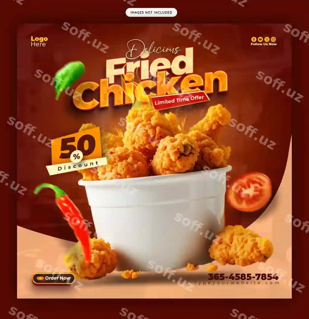 Shirin qovurilgan tovuq 50 foiz chegirma Ijtimoiy tarmoqlar banneri | Delicious fried chicken with 50 percent off social media banner