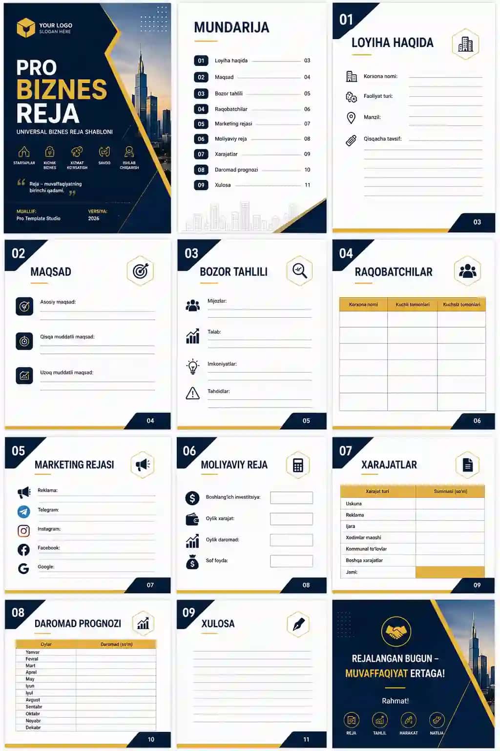 PRO BIZNES REJA – Universal Biznes Reja Shabloni