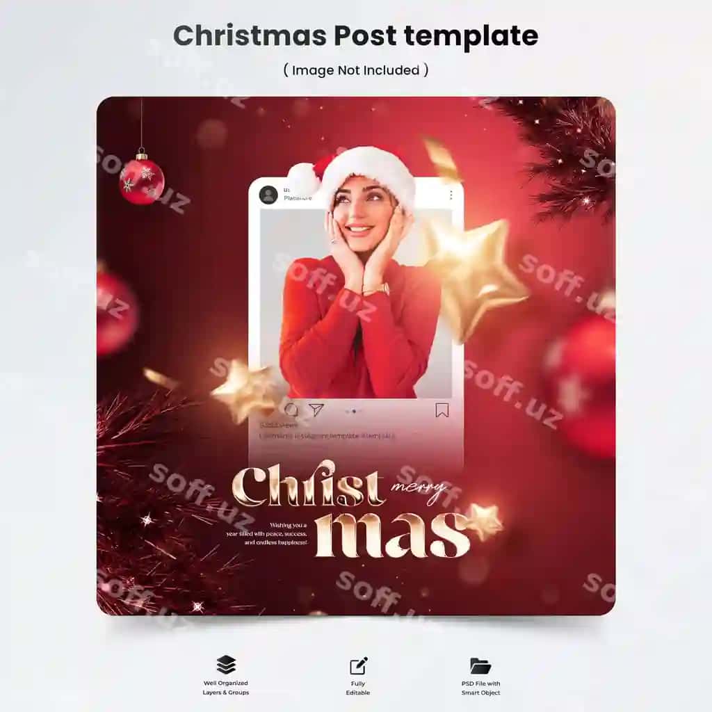 Bayramlik ro'zgarsimon ijtimoiy tarmoqlar post shabloni Santa shlyapa ayol bilan | Festive christmas social media post template with santa hat woman